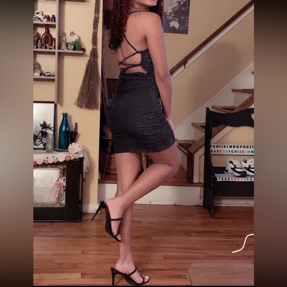 Black small bodycon mini dress with shimmery silver specs open lace up back - Picture 2 of 7